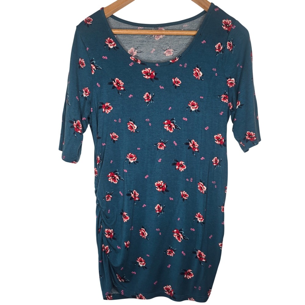 a:glow Maternity‎ Floral Ruched Side T-Shirt Women Large Teal Boho Casual